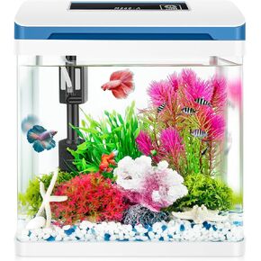 Small Fish Tank 2 Gallon Glass Aquarium Starter Kits, Desktop Betta Fish Tank Beta Fish Aquariums with Filter and Light for Betta Shrimp Guppy Jellyfish Goldfish Beta, Room Desktop Decor, Gifts