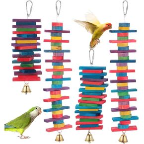 4 Pcs Parrot Toys, Birds Toys with Multicolored Natural Wood Blocks, Bird Chew Toys with Hook and Bell, Bird Cage Toys for Conures, Parakeets, Cockatiels, Lovebirds, African Grey Macaws, 2 Designs