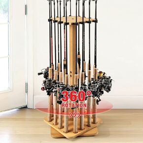 Ghosthorn Fishing Rod Holders for Garage 360 Degree Rotating Fishing Pole Rack, Floor Stand Holds up to 16 Rods Wood Fishing Gear Equipment Storage Organizer, Fishing Gifts for Men