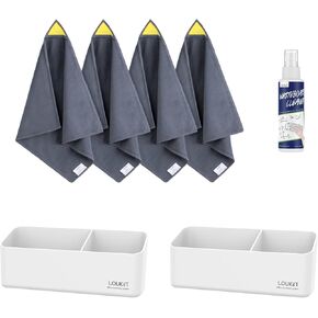 Loukin Whiteboard Accessories Bundle | قطعة قماش تنظيف الأبيض المغناطيسي 4 حزمة ومنظف لوح أبيض غير سامة (3.4 أوقية) وحامل علامة مغناطيسي ومواد لاصقة 2 (أبيض)