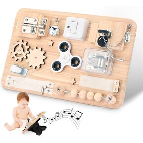 Montessori Wooden Busy Board - ألعاب حسية للأطفال الصغار المهارات الحركية - ألعاب لوحة النشاط للأطفال - ألعاب السفر التعليمية للطفل والفتاة - هدايا عيد ميلاد لمدة 1 2 3 4 + سنوات