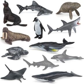 ATRALO خدمة طراز المحيط SEA SEA MODELS Playsets 12 PCS واقعية واقعية للحيوانات SEA TOYS Blue Shark Walrus Sea Lions Desktop Collection Party Toys For Kids