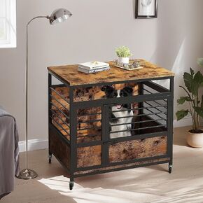 YITAHOME 32" Dog Crate Furniture with Wheels, Farmhouse Decorative Wood Dog Cage End Table Chew-Resistant Wooden Dog Kennel Indoor for Small Dogs, Rustic Brown