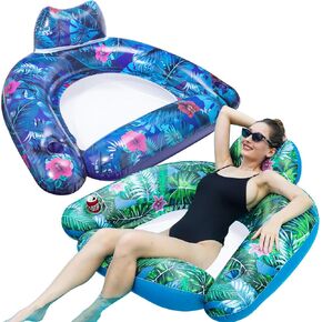 Finduwill Pool Floats كرسي للبالغين - 2 عبوة كراسي بركة قابلة للنفخ مع حامل كوب ، وكرسي بركة شديدة التحمل يطفو إكسسوارات حمام السباحة الكبار على شاطئ البليار