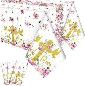 Oudain 3 Pcs First Communion Baptism Party Tablecloths Decorations Plastic Christening God Bless Table Cover for First Communion Newborn Church Supplies, 54 x 108 Inch (Pink)