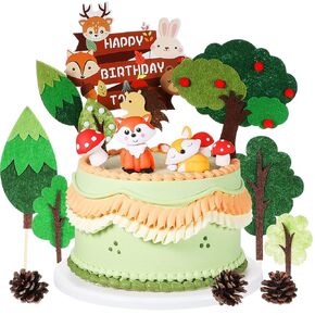25 Pcs Woodland Animal Cake Toppers Woodland Theme Cake Toppers Woodland Creatures Cupcake Picks Forest Cake Topper Kit Felt Fondant Cake Decorations for Baby Shower Kids Birthday Party