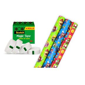Scotch Magic Tape and Hallmark Nintendo Super Mario Wrapping Paper Rolls (4 Rolls of Tape with Set of 3 Gift Wrap Rolls) for Birthdays, Christmas, Any Occasion