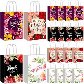 HABDJILTY 20Pcs Mothers Day Gift Bags Happy Mother's Day Party Favor Large Paper Bags Thank You Mom Flowers Patterns Goodie Bag with Handle for Best Mom Birthday Party Supplies, 8.2 * 5.8 Inch