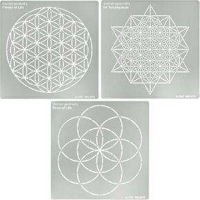 Aleks Melnyk No.488 Metalic Stencil ، شخصيات هندسية مقدسة ، نسخة زهرة من الحياة ، 64 رباعي السطوح ، بذرة الحياة ، 3 أجزاء ، قالب لحرق الخشب ، نقش