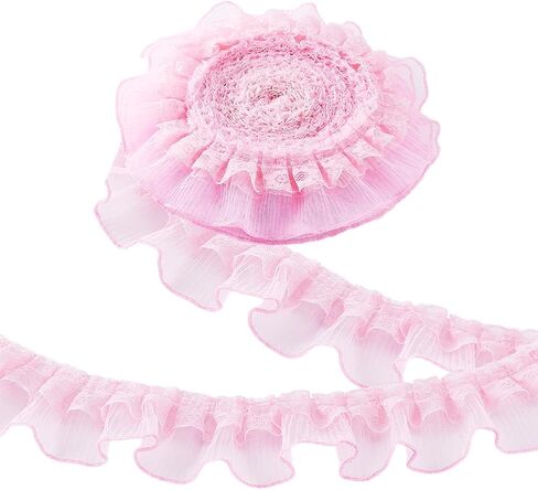 PH PandaHall 10 Yards Pink Ruffle Lace Ribbon Trim Pleated Lace Fabric Trim, Double Layer Gathered Ruffle Trim Embroidered Sewing for Crafts Costume Pillowcase Embellishments, 2.4inch Wide in Saudi Arabia