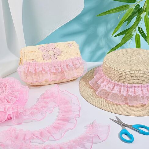 PH PandaHall 10 Yards Pink Ruffle Lace Ribbon Trim Pleated Lace Fabric Trim, Double Layer Gathered Ruffle Trim Embroidered Sewing for Crafts Costume Pillowcase Embellishments, 2.4inch Wide in Saudi Arabia