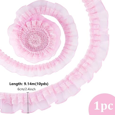 PH PandaHall 10 Yards Pink Ruffle Lace Ribbon Trim Pleated Lace Fabric Trim, Double Layer Gathered Ruffle Trim Embroidered Sewing for Crafts Costume Pillowcase Embellishments, 2.4inch Wide in Saudi Arabia
