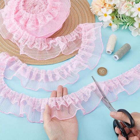 PH PandaHall 10 Yards Pink Ruffle Lace Ribbon Trim Pleated Lace Fabric Trim, Double Layer Gathered Ruffle Trim Embroidered Sewing for Crafts Costume Pillowcase Embellishments, 2.4inch Wide in Saudi Arabia