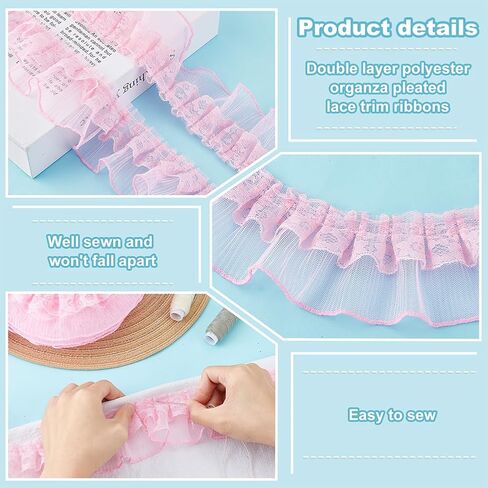 PH PandaHall 10 Yards Pink Ruffle Lace Ribbon Trim Pleated Lace Fabric Trim, Double Layer Gathered Ruffle Trim Embroidered Sewing for Crafts Costume Pillowcase Embellishments, 2.4inch Wide in Saudi Arabia