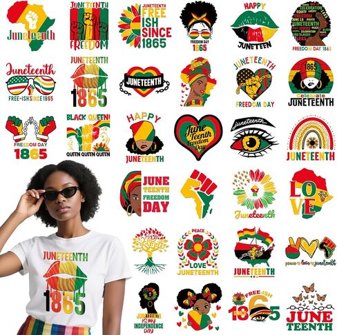 عمليات نقل DTF Juneteenth جاهزة للضغط - 30 ورقة نساء سوداء الحديد على نقل القمصان السوداء التاريخ الحديد على تصميم الفينيل من أجل جونيتيست حزب السترة السترة القبعة كيس ديي. in Saudi Arabia
