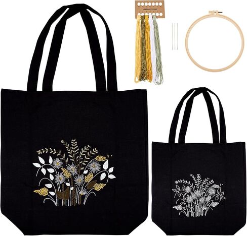Craftdady Canvas Tote Bag Embroidery Kit Black Canvas Bag مع تعليمات أنماط الزهور تعليمات تطريز الأطواق الأطواق الملونة والأداة للمبتدئين DIY in Saudi Arabia