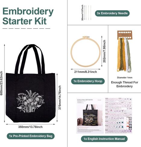 Craftdady Canvas Tote Bag Embroidery Kit Black Canvas Bag مع تعليمات أنماط الزهور تعليمات تطريز الأطواق الأطواق الملونة والأداة للمبتدئين DIY in Saudi Arabia