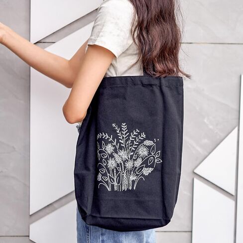 Craftdady Canvas Tote Bag Embroidery Kit Black Canvas Bag مع تعليمات أنماط الزهور تعليمات تطريز الأطواق الأطواق الملونة والأداة للمبتدئين DIY in Saudi Arabia