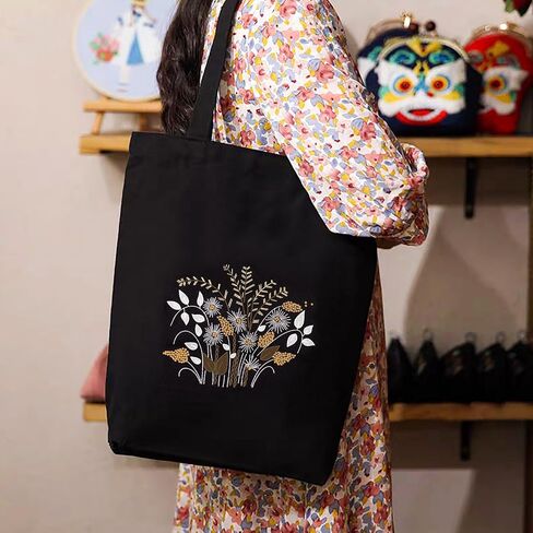 Craftdady Canvas Tote Bag Embroidery Kit Black Canvas Bag مع تعليمات أنماط الزهور تعليمات تطريز الأطواق الأطواق الملونة والأداة للمبتدئين DIY in Saudi Arabia