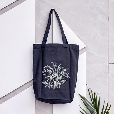 Craftdady Canvas Tote Bag Embroidery Kit Black Canvas Bag مع تعليمات أنماط الزهور تعليمات تطريز الأطواق الأطواق الملونة والأداة للمبتدئين DIY in Saudi Arabia