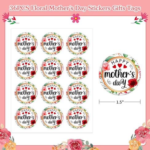WhatSign 36Pcs Happy Mothers Day Labels Stickers 1.5" Floral Mothers Day Gift Tags Stickers Mothers Day Presents Labels Stickers for Envelope Seal Cards Boxes Gift Wrap Party Favors Decorations in Saudi Arabia