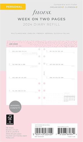 Filofax Calendar Diary Refill, Personal/Compact Size, Week-to-View, Confetti Minimal Diary Pack, Multilingual: Five Languages, 2025 (C68491-25) in Kuwait