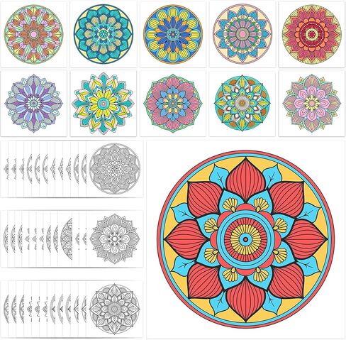 Hiwhy 48 Pcs Mandala Coloring Cards 10" x 10" Coloring Cardstock Stress Relief Relaxation Mandala Pattern Poster Sets with 36 Markers Creative Relaxation for Kids Adults in Kuwait