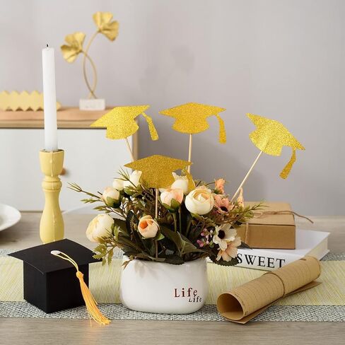 24 Pcs Double-Sided Glitter Graduation Party Centerpieces for Tables, Gold Graduation Tables Centerpieces Sticks 2025 Table Topper for 2025 Graduation Table Party Decorations Supplies in Kuwait