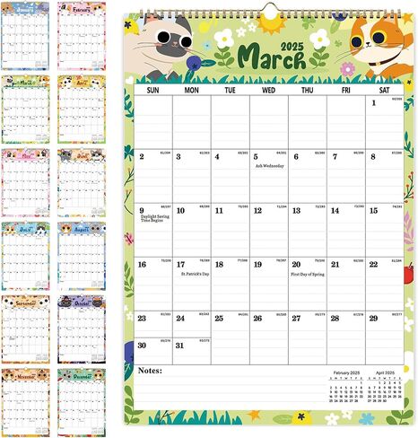 Wall Calendar 2025, Large Wall Calendar 2025-2026, JAN 2025 - JUN 2026, 2025 Hanging Wall Calendar with Twin-Wire Binding + Hanging Hook + Julian Dates, 12" x 17", 2025 Large Wall Calendar for Organizing (multicolor-Cat-12*17) in Saudi Arabia