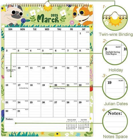 Wall Calendar 2025, Large Wall Calendar 2025-2026, JAN 2025 - JUN 2026, 2025 Hanging Wall Calendar with Twin-Wire Binding + Hanging Hook + Julian Dates, 12" x 17", 2025 Large Wall Calendar for Organizing (multicolor-Cat-12*17) in Saudi Arabia