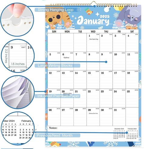 Wall Calendar 2025, Large Wall Calendar 2025-2026, JAN 2025 - JUN 2026, 2025 Hanging Wall Calendar with Twin-Wire Binding + Hanging Hook + Julian Dates, 12" x 17", 2025 Large Wall Calendar for Organizing (multicolor-Cat-12*17) in Saudi Arabia