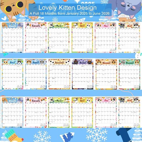 Wall Calendar 2025, Large Wall Calendar 2025-2026, JAN 2025 - JUN 2026, 2025 Hanging Wall Calendar with Twin-Wire Binding + Hanging Hook + Julian Dates, 12" x 17", 2025 Large Wall Calendar for Organizing (multicolor-Cat-12*17) in Saudi Arabia
