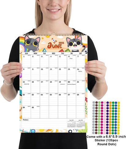 Wall Calendar 2025, Large Wall Calendar 2025-2026, JAN 2025 - JUN 2026, 2025 Hanging Wall Calendar with Twin-Wire Binding + Hanging Hook + Julian Dates, 12" x 17", 2025 Large Wall Calendar for Organizing (multicolor-Cat-12*17) in Saudi Arabia