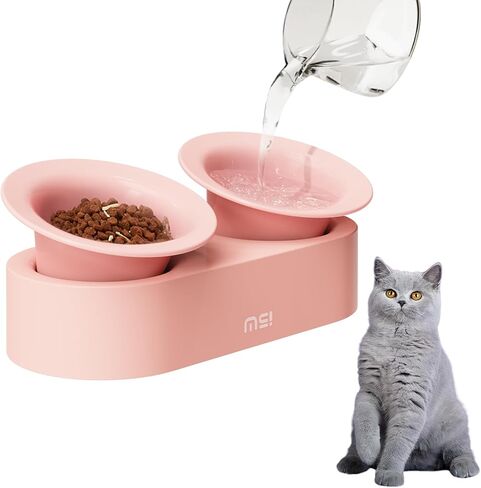 MS!MAKE SURE Dog Cat Bowls, Elevated Ceramic Cat Food and Water Bowl Set, 15° Tilted Cat Dishes with Stand, Non-Slip & Whisker Friendly - Pink, Green in Kuwait
