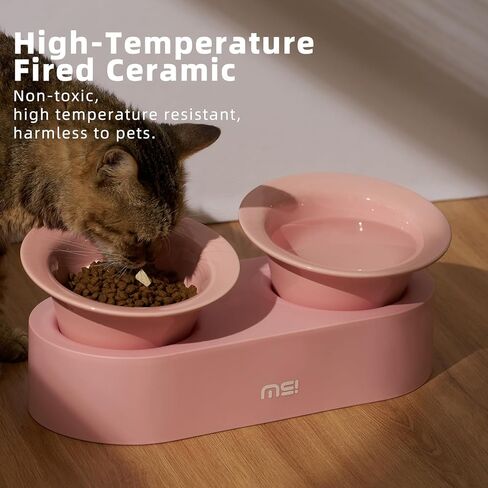 MS!MAKE SURE Dog Cat Bowls, Elevated Ceramic Cat Food and Water Bowl Set, 15° Tilted Cat Dishes with Stand, Non-Slip & Whisker Friendly - Pink, Green in Kuwait