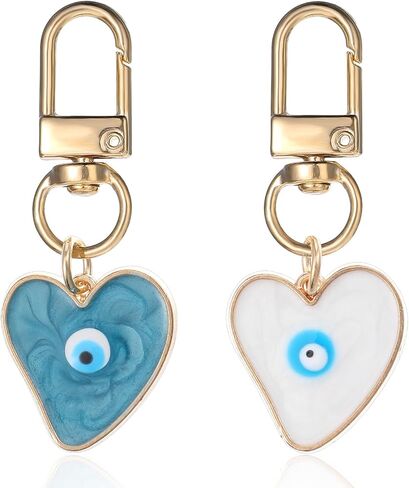 2Pcs Colorful Evil Eye Keychain for Women, Heart Shape Good Luck Car Key Chain Charms for Purse Decorations, Creative Bag Charms Protection Pendant for Tote Handbags Accessories (Blue Pink) in Saudi Arabia