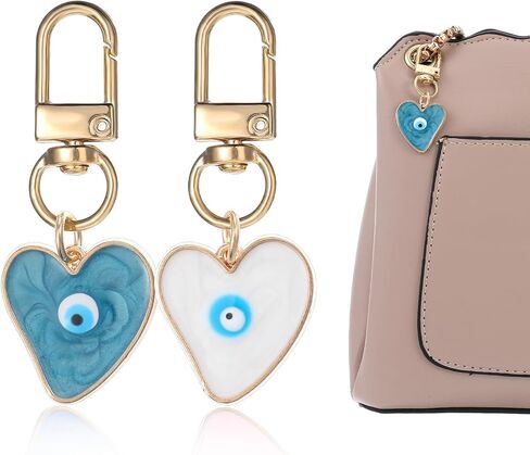 2Pcs Colorful Evil Eye Keychain for Women, Heart Shape Good Luck Car Key Chain Charms for Purse Decorations, Creative Bag Charms Protection Pendant for Tote Handbags Accessories (Blue Pink) in Saudi Arabia