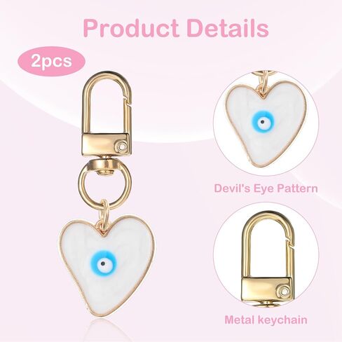 2Pcs Colorful Evil Eye Keychain for Women, Heart Shape Good Luck Car Key Chain Charms for Purse Decorations, Creative Bag Charms Protection Pendant for Tote Handbags Accessories (Blue Pink) in Saudi Arabia