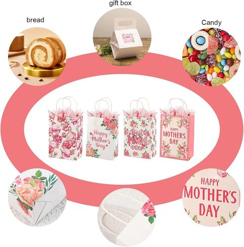 Colodeol 4 Pcs 10.8" Mother's Day Gift Bags with Tissue Paper，Medium Large Mothers Day Bag with Handles Floral Mothers Paper Treat Candy bags Bulk for Mom Grandma Wife Women in Kuwait