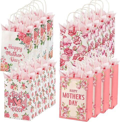 Colodeol 4 Pcs 10.8" Mother's Day Gift Bags with Tissue Paper，Medium Large Mothers Day Bag with Handles Floral Mothers Paper Treat Candy bags Bulk for Mom Grandma Wife Women in Kuwait