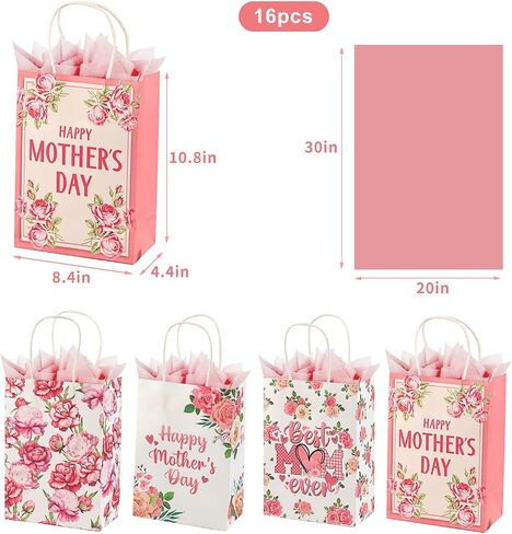 Colodeol 4 Pcs 10.8" Mother's Day Gift Bags with Tissue Paper，Medium Large Mothers Day Bag with Handles Floral Mothers Paper Treat Candy bags Bulk for Mom Grandma Wife Women in Kuwait