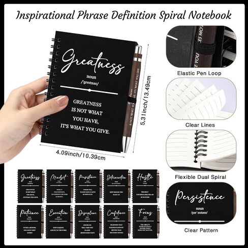 TecUnite 10 Sets Inspirational Spiral Notebooks Motivational Pens Bulk Employee Appreciation Gifts Notepads Journals Bamboo Pen Thank You Gift for Nurse Teacher Coworker Staff Team Graduation (Black) in Saudi Arabia