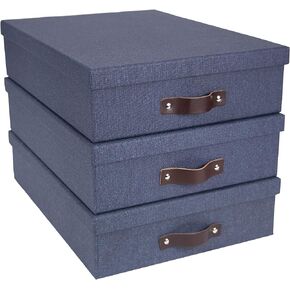 Bigso Oskar Canvas Fiberboard Document Letter Box - File Organizer Box for Important Paperwork - Document Storage with a Lid & Handle - 3.3 in x 10.2 in x 13.8 in - 3 Pack - Blue