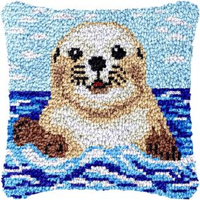 Sea Otter DIY DIY HOOK PANIDE TILE للبالغين تغطية وسادة رمي وسادة مع قماش مطبوع الكروشيه الإبرة حرفة وسادة مصنوعة يدويًا لزينة عيد الميلاد 43 × 43 سم