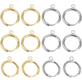 UNICRAFTALE 12pcs 2 Colors 15mm Diameter Real 24k Gold Plated 201 Stainless Steel Huggie Hoop Earring Findings with Loops Metal Leverback Round Ear Ring Clip Stud Earring Hook for Earring Making