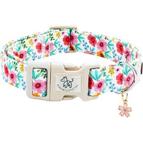 Elegant little tail Dog Collar, Cute Pink with Green Strip Pattern Pet Collars Soft Girl or Boy Adjustable Cotton Puppy Collar with Quick Release Buckle for X-Small Puppy
