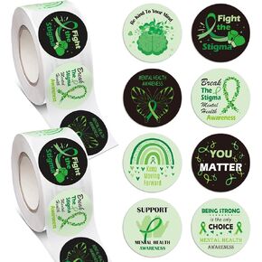 ReliThick 2 Rolls/ 1000 Pcs Mental Health Awareness Stickers Green Ribbon Awareness Stickers Labels Roll Vinyl Stickers Mental Health Gifts for Fundraiser Event Mental Health Handout Supplies 8 Styles