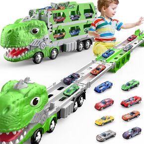 Dinosaur Truck Toys for Kids Toddlers, 5.6-FT Foldable 5-Layer Race Track with 8 Die-Cast Race Cars Toy, Transport Car Carrier Garage Toy, Birthday Gifts Toys for Kids Boys Ages 3 4 5 6 7 8