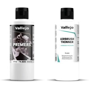 Vallejo - Bundle White Acrylic Surface Primer 200 ml (6.76 fl.oz.) + Airbrush Thinner for Acrylic Paints 200 ml. (6.76 fl.oz.)