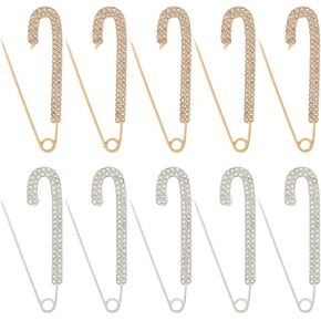 10pcs 2 ألوان دبابيس السلامة من راينستون 19x77.5mm ملم شال شال مقاطع فو ، دبابيس بروش ذهبية وفضية للملابس وشاح السترة الطاشية الإكسسوارات